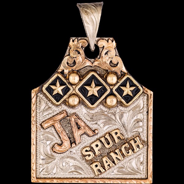 Butterscotch, German silver base 1.75"x1.50". Jewelers Bronze letters, bead and stars edge. Copper letters, framed by a line edge and scrollwork.

Chain not 